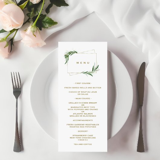 Menu Aquarelle Feuilles d'Olivier Or Baptême