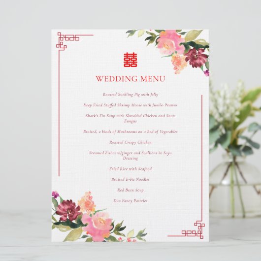 Menu Aquarelle fleur double xi cadre mariage chinois (Debout devant)