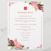 Menu Aquarelle fleur double xi cadre mariage chinois (Devant)