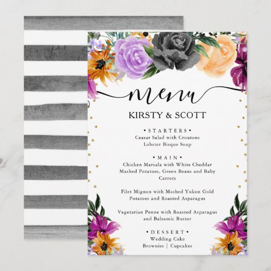 Menu Aquarelle Fleurs Mariage Violet Orange Noir (Devant / Derrière)