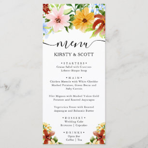 Menu Aquarelle Fleurs Rouges Jaunes Bleues Mariage