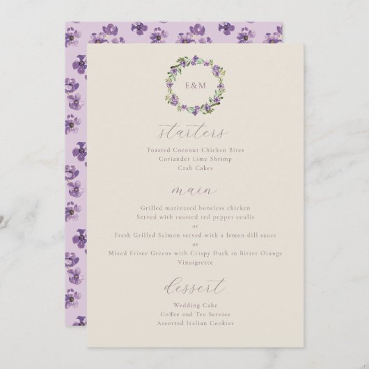 Menu Aquarelle Fleurs rustiques violet (Devant / Derrière)