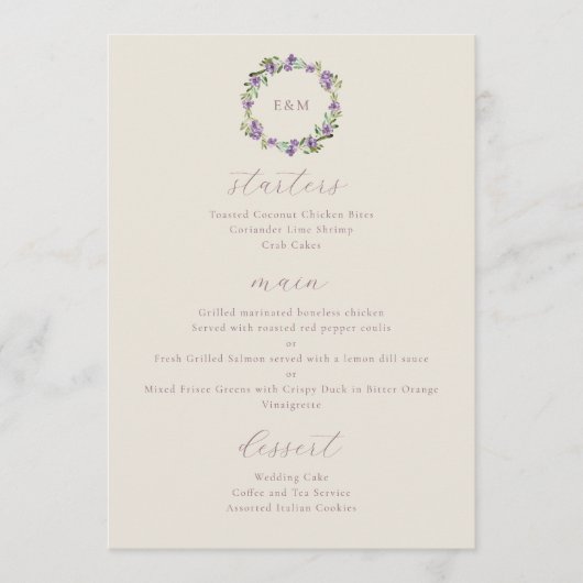 Menu Aquarelle Fleurs rustiques violet (Devant)