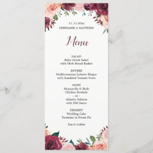 Menu Aquarelle Floral Blush Bourgogne Mariage Rose