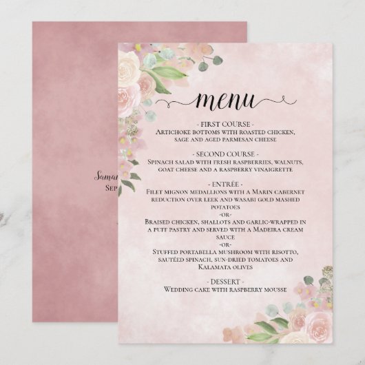 Menu Aquarelle Floral Blush Rose & Mauve Mariage (Devant / Derrière)