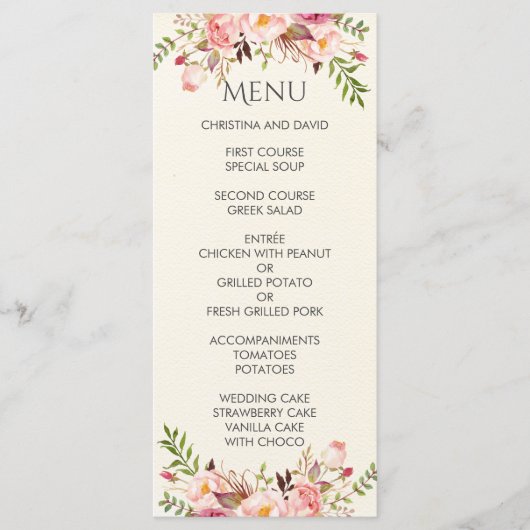 Menu Aquarelle Floral Boho Romantique Mariage moderne (Devant)