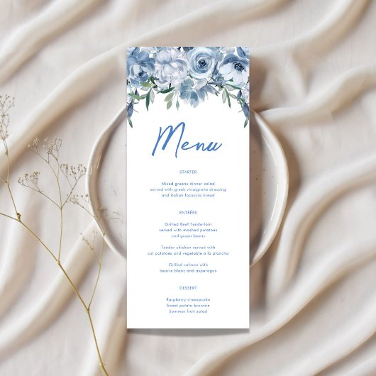 Menu Aquarelle Floral Dusty Fête des mariées bleue