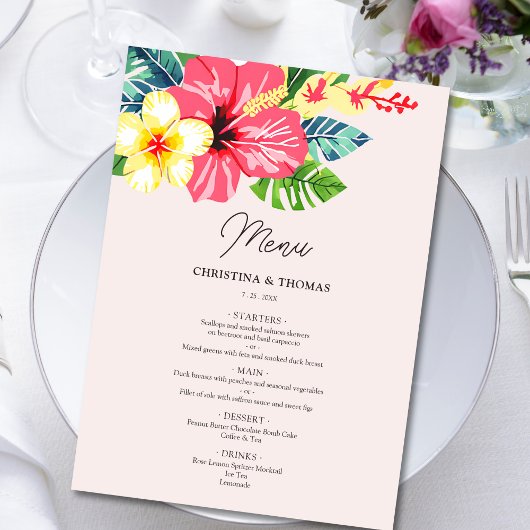 Menu Aquarelle Floral Hibiscus Mariage tropical