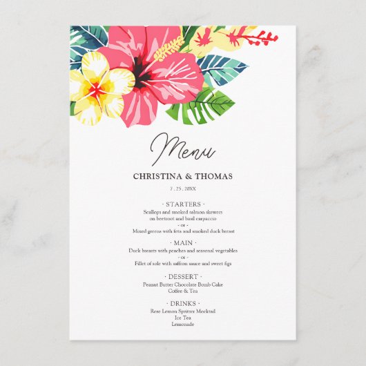 Menu Aquarelle Floral Hibiscus Mariage tropical (Devant)