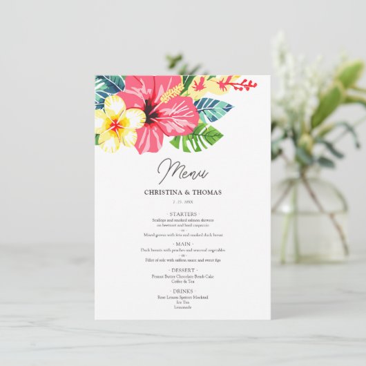 Menu Aquarelle Floral Hibiscus Mariage tropical (Debout devant)