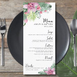 Menu Aquarelle Floral Mariage tropical<br><div class="desc">Elégante Destination Floral Palm Tropical Mariage Menu. Utilisez ce menu pour une réception de mariage, une fête de fiançailles, un dîner de répétition, ou même toute autre occasion spéciale. Avec des accents botaniques roses et verts contrastés par le lettrage noir et blanc. Un design tropical qui embrasse la beauté tranquille...</div>