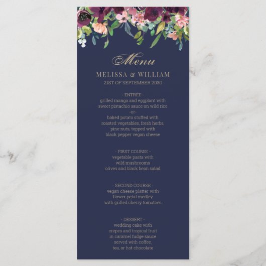 Menu Aquarelle Floral Marine Mariage (Devant)