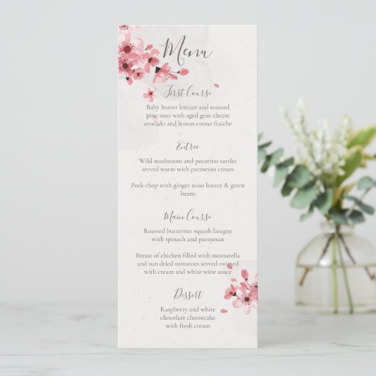 Menu Aquarelle Floral rose cerisier Mariage (Debout devant)