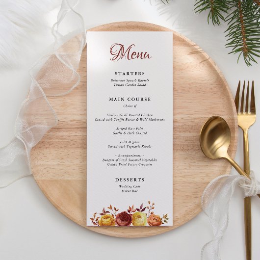 Menu Aquarelle Floral Rustique Automne Chaud Mariage d'