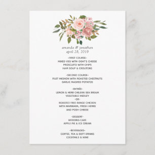 Menu Aquarelle florale Blush Mariage rose