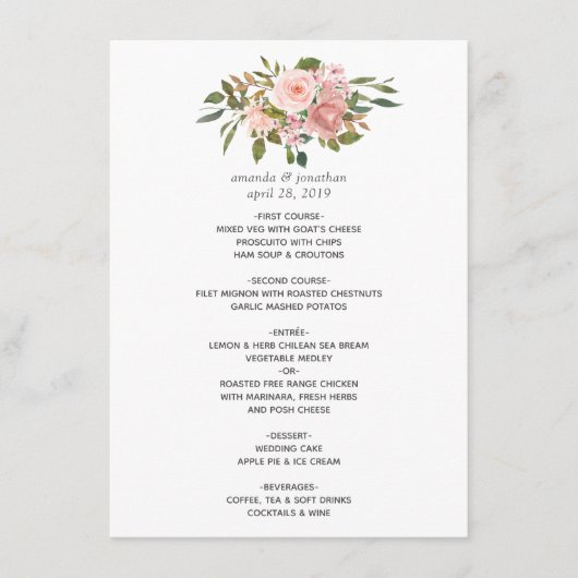 Menu Aquarelle florale Blush Mariage rose (Devant)