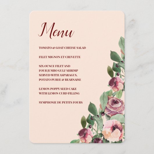 Menu Aquarelle florale de Bourgogne et de Pêche (Devant)