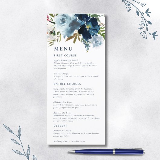 Menu Aquarelle florale élégante marine et bleu poussiér