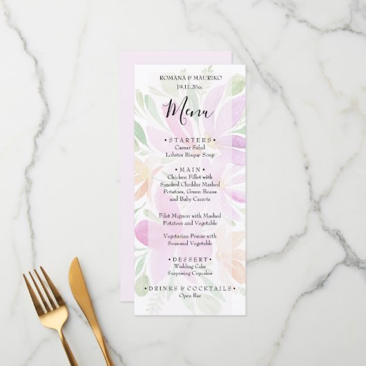 Menu Aquarelle florale floue artistique peinte à la mai (Devant/Arrière en situation)