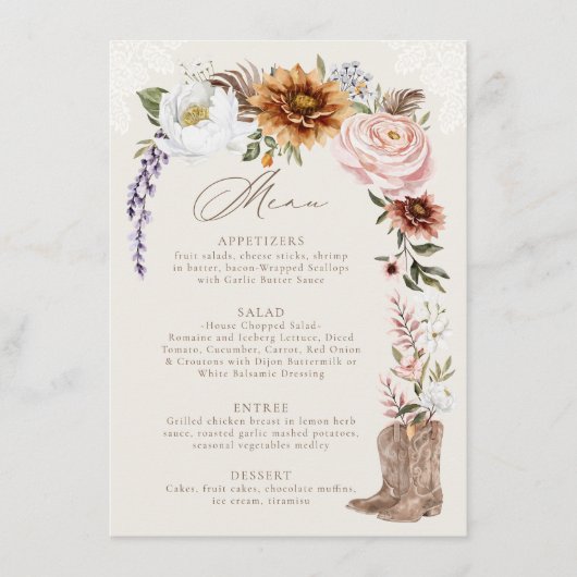 Menu Aquarelle Florale Western Cowboy Boots Mariage (Devant)