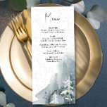 Menu Aquarelle Forêt de neige Dusty Bleu Mariage d'hive<br><div class="desc">Menu mariage d'hiver avec aquarelle neige forêt et feuilles délicats. Le design a une palette de couleurs bleu poussiéreux, bleu ardoise, gris bleu et blanc. Il est personnalisé en lettres manuscrites modernes et typographie classique et élégante. Parfait pour la saison d'hiver, mariage de vacances ou mariage de Noël. Parcourez ma...</div>