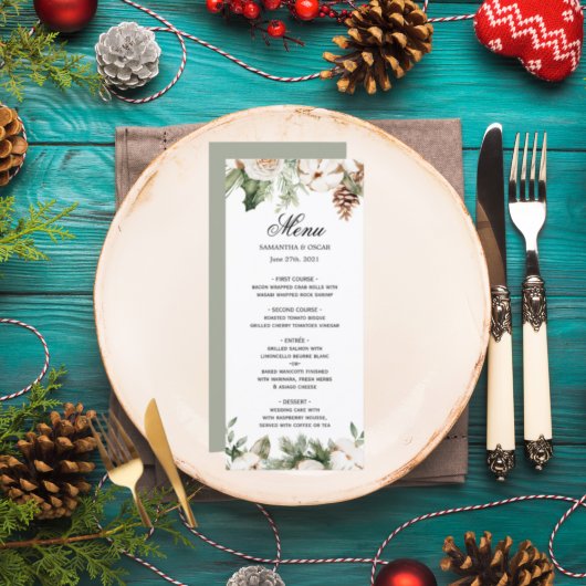 Menu Aquarelle Hiver Pin vert Arbre et Fleurs blanches