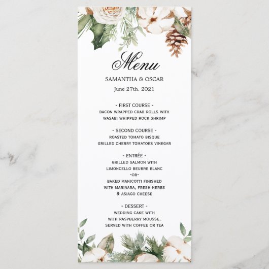 Menu Aquarelle Hiver Pin vert Arbre et Fleurs blanches (Devant)