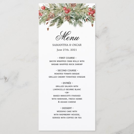 Menu Aquarelle Hiver Pine verte Arbre et Pine Cône (Devant)