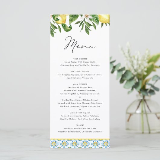 Menu Aquarelle Lemon Motif méditerranéen Mariage (Debout devant)