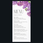 Menu Aquarelle Lilac Fleurs Mariage botanique<br><div class="desc">Ajoutez un accent floral à votre paysage de table événementiel avec cette carte de menu personnalisable. Il présente des fleurs lilas aquarelles et une typographie moderne. Personnalisez en ajoutant la date et le choix du repas. Cette carte à la carte fleurie est idéale pour les mariages printaniers, les baby showers,...</div>