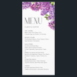 Menu Aquarelle Lilac Fleurs Mariage botanique<br><div class="desc">Ajoutez un accent floral à votre paysage de table événementiel avec cette carte de menu personnalisable. Il présente des fleurs lilas aquarelles et une typographie moderne. Personnalisez en ajoutant la date et le choix du repas. Cette carte à la carte fleurie est idéale pour les mariages printaniers, les baby showers,...</div>