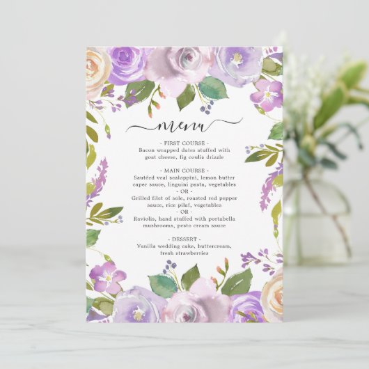 Menu Aquarelle Lilac Floral Mariage élégant (Debout devant)