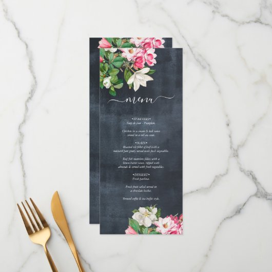 Menu Aquarelle Magnolia Fleurs Mariage Noir Blanc (Devant/Arrière en situation)