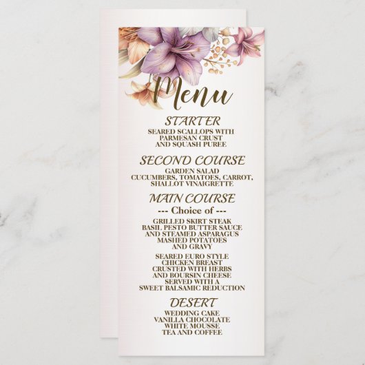 Menu Aquarelle mariage Boho Rose Fleurs Élégantes (Devant / Derrière)