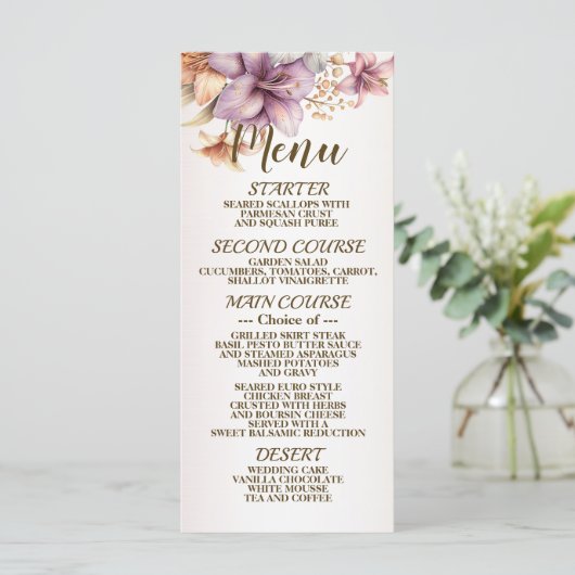 Menu Aquarelle mariage Boho Rose Fleurs Élégantes (Debout devant)