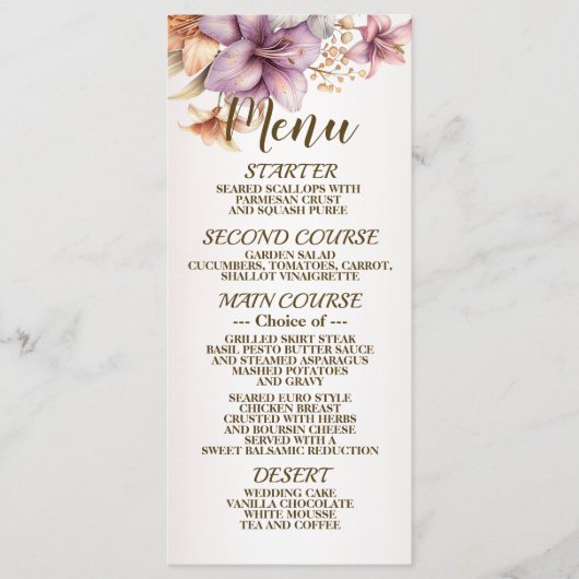 Menu Aquarelle mariage Boho Rose Fleurs Élégantes (Devant)