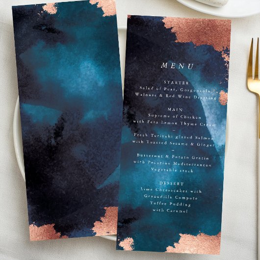 Menu Aquarelle Marine Blue Moody Rose Mariage or