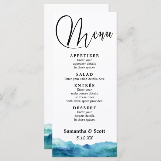 Menu Aquarelle moderne Abstrait bleu vert Aqua (Devant / Derrière)