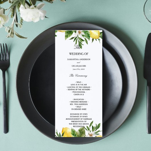 Menu Aquarelle moderne Citrons et feuilles jaunes