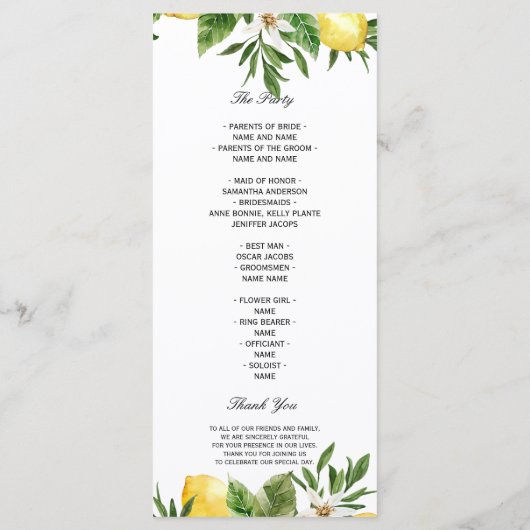 Menu Aquarelle moderne Citrons et feuilles jaunes (Dos)