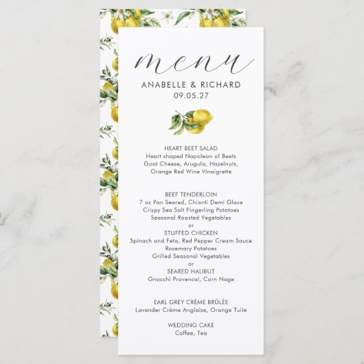 Menu Aquarelle moderne Citrus Mariage (Devant / Derrière)