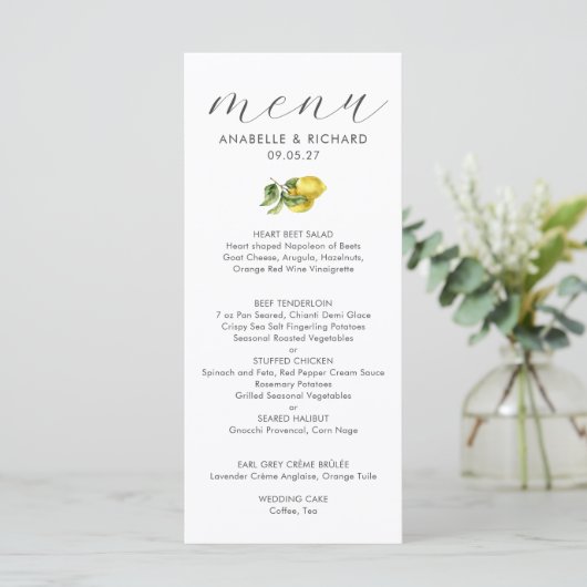 Menu Aquarelle moderne Citrus Mariage (Debout devant)