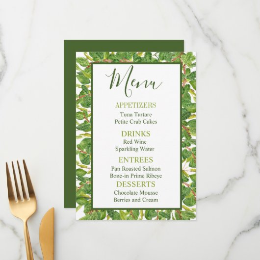 Menu Aquarelle moderne Mariage vert (Devant/Arrière en situation)