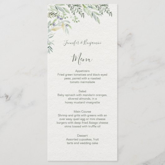 Menu Aquarelle Oliviers et Branches d'olive Mariage | (Devant)