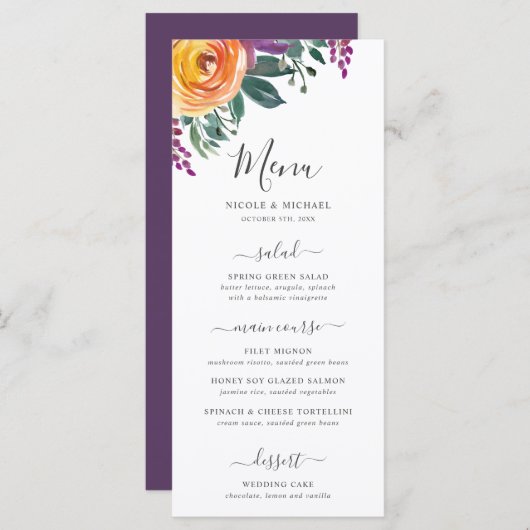 Menu Aquarelle orange violet Mariage floral (Devant / Derrière)