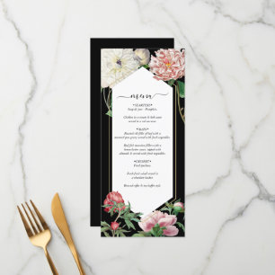 Menu Aquarelle Peonies rose Fleurs Mariage Noir