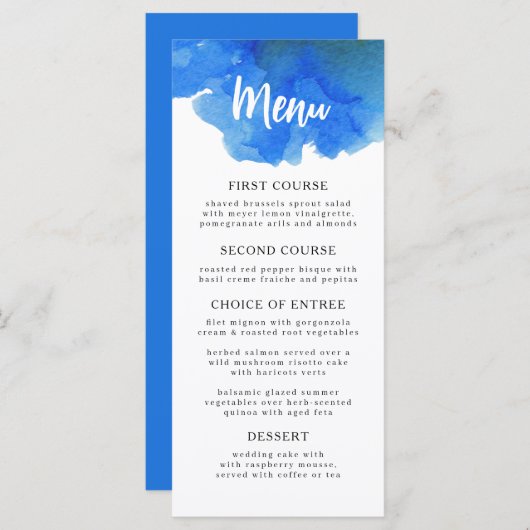Menu Aquarelle romantique bleu aérée. Simple Mariage de (Devant / Derrière)