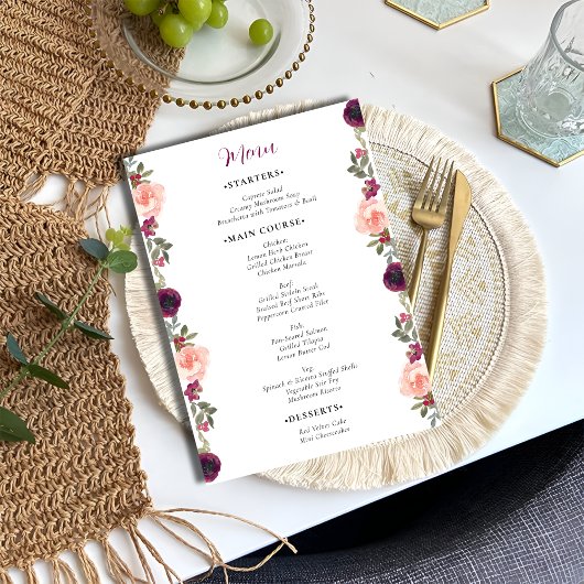 Menu Aquarelle romantique Bourgogne Floral Mariage
