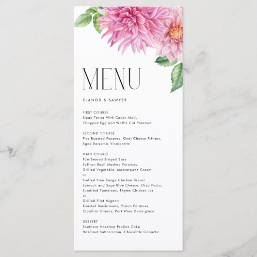 Menu Aquarelle rose Dahlia Fleurs Mariages floraux (Devant)