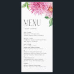 Menu Aquarelle rose Dahlia Fleurs Mariages floraux<br><div class="desc">Ajoutez un accent floral à votre paysage de table événementiel avec cette carte de menu personnalisable. Il présente des fleurs de dahlia roses et rousses et une typographie minimaliste. Personnalisez en ajoutant la date et le choix du repas. Cette carte à la carte fleurie est idéale pour les mariages printaniers,...</div>